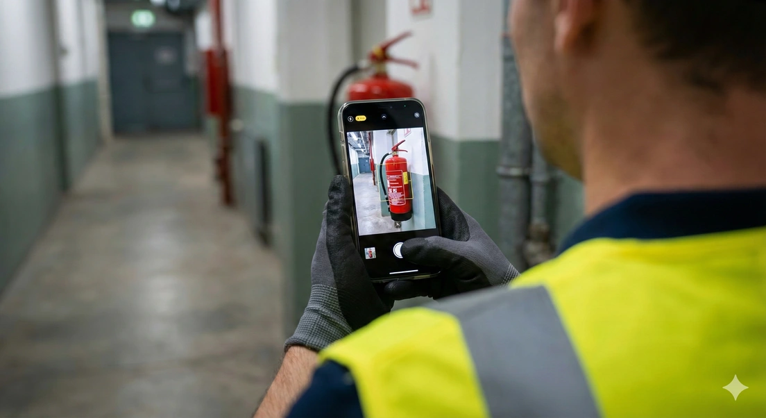Técnico registrando mantención en terreno con el móvil